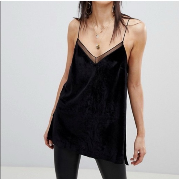 Free People Black Velvet Cami Mesh Trim Spaghetti Strap Tank Top S - Picture 2 of 9